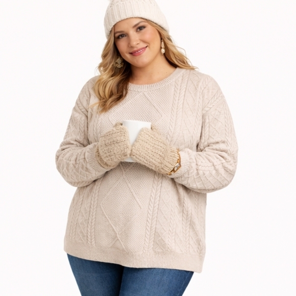 Cyrus Sweaters - New! CYRUS Size XL Beige Soft & Cozy‎ Rayon Blend Cable Knit Crew Neck Sweater